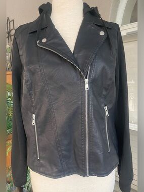 Baccini Black Hooded Asymmetrical Zip Leather Jacket